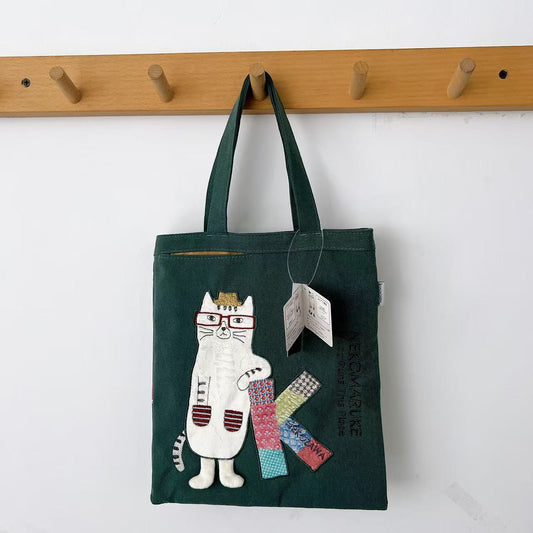 Kusuguru正品刺繡眼鏡貓手提包手提包補習包iPad包布藝通勤包600｜眼鏡貓墨藍9446-2