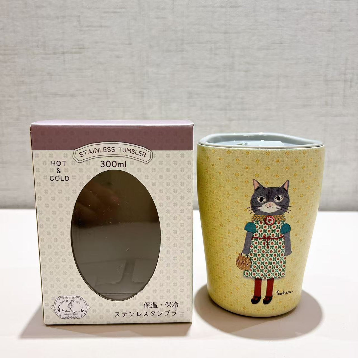 日本Kusuguru正品304不鏽鋼蓋式咖啡杯保溫保冷杯300 ml卡通貓405｜蜜豆黃色8701-2／300