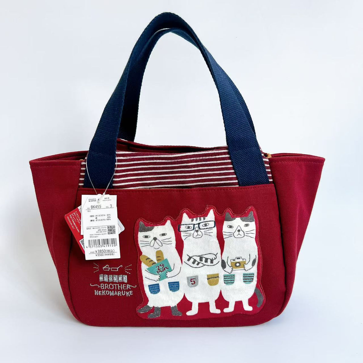 日本Kusuguru正品刺繡貓咪法鬥手提包手提包元寶包飯盒包帆布455｜眼鏡貓酒紅455-3