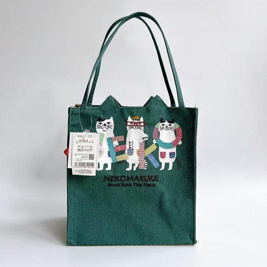 Kusuguru正品刺繡眼鏡貓手提包手提包補習包布藝通勤包iPad包600｜眼鏡貓墨藍9608-2