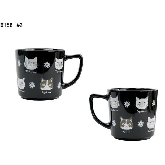 日本Kusuguru正品貓咪法鬥圖案陶瓷杯馬克杯咖啡杯茶杯水杯513514｜蜜豆貓頭黑色9158-2／350 ml