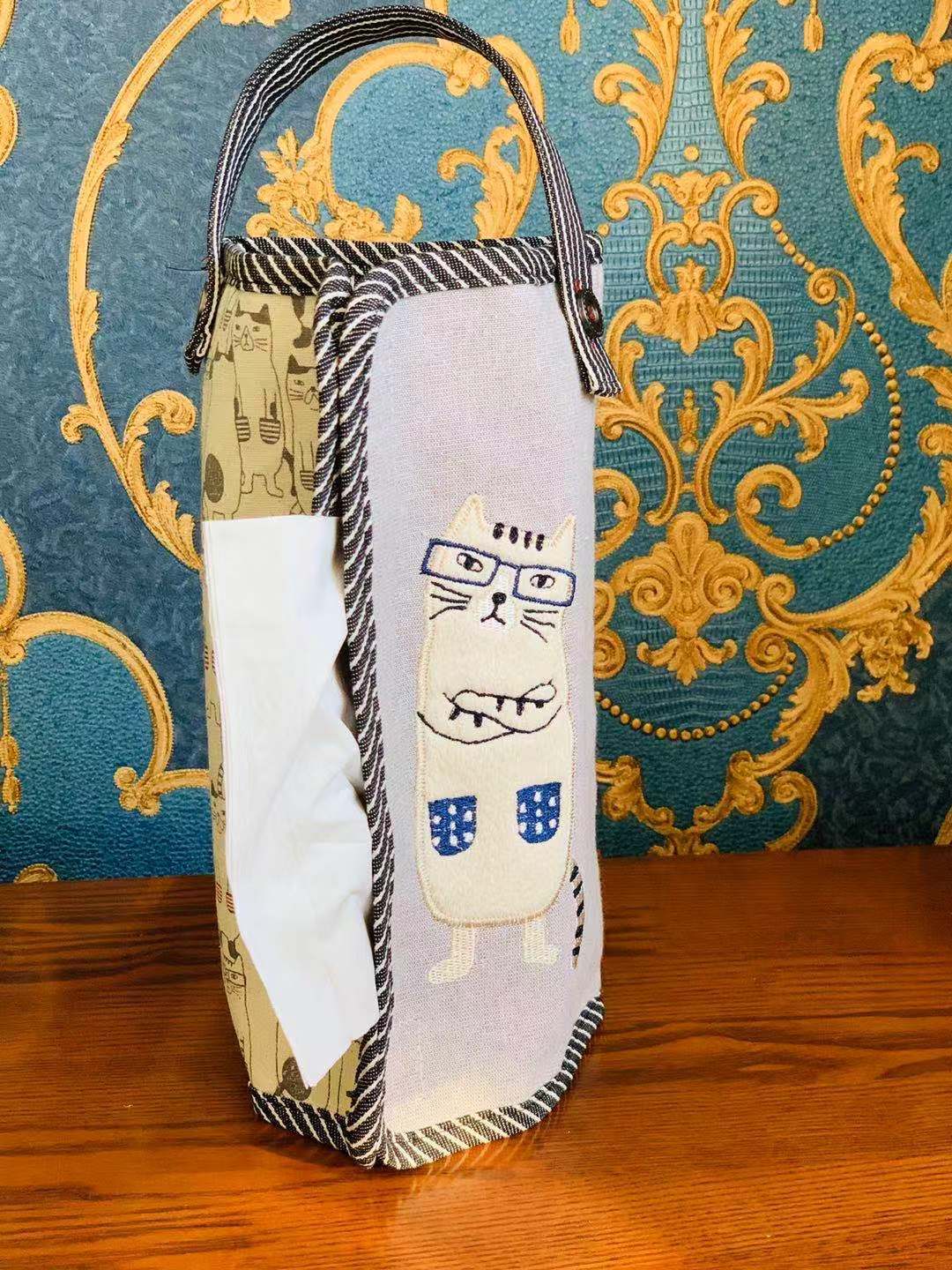 出口日本新款布藝刺繡可愛卡通貓咪面紙盒套｜灰色