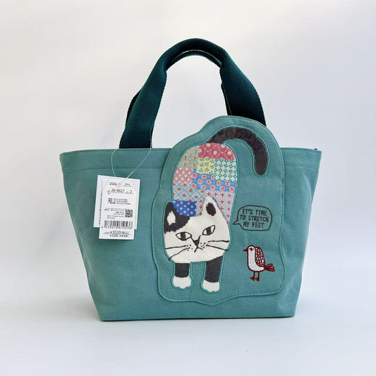 Kusuguru正品刺繡爬貓手提包手提包飯盒包逛街購物布藝通勤包601｜爬貓湖藍色9627-2