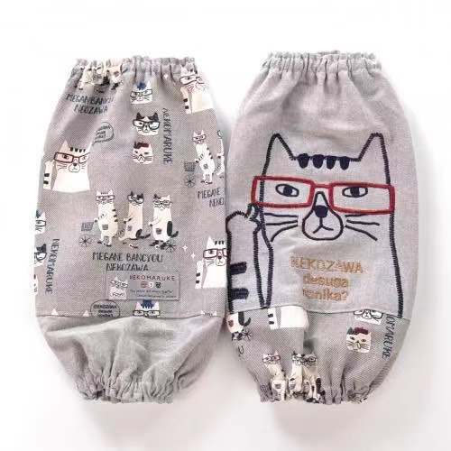 出口日本布藝袖套家務清潔防污可愛畫畫工作護袖｜刺繡貓灰色