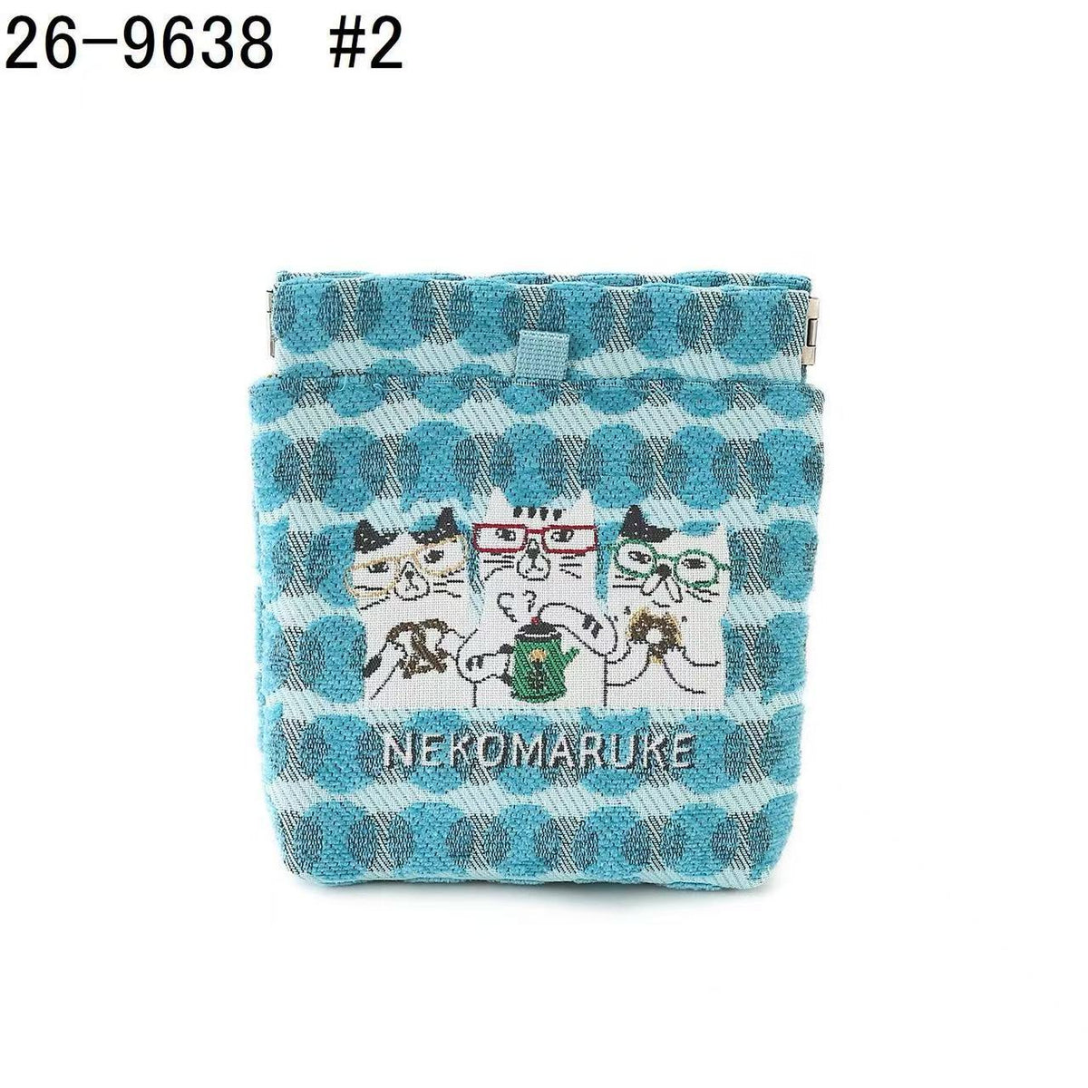 日本Kusuguru正品提花貓咪法鬥零錢包卡套磁扣耳機傳輸線卡通602｜眼鏡貓雀藍9738-2
