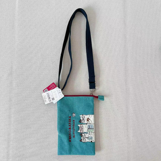 日本kusuguru刺繡眼鏡貓咪手機包斜背包肩背包布藝耳機傳輸線100｜綠色7007-3
