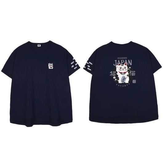 日本Kusuguru刺繡貓咪女性棉T圓領短袖衫純棉休閒棉衫百搭112｜招財貓藏青7130-2／單一尺寸