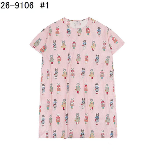 日本Kusuguru正品貓咪印花居家睡裙睡褲綿綢人造棉居家服舒適514｜睡裙裙子貓粉9106-1／單一尺寸