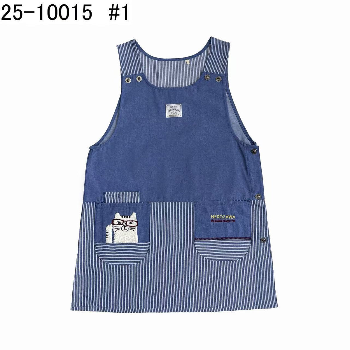 日本Kusuguru正品刺繡貓咪法鬥圍裙布藝家務防油防污花藝烘焙435｜眼鏡貓淺牛仔藍色10015-1