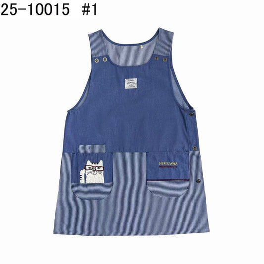 日本Kusuguru正品刺繡貓咪法鬥圍裙布藝家務防油防污花藝烘焙435｜眼鏡貓淺牛仔藍色10015-1