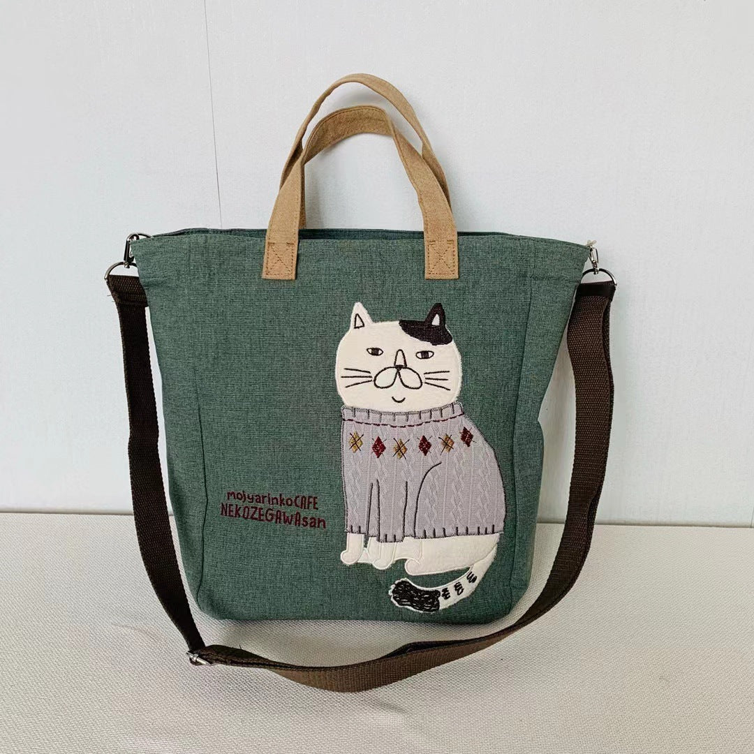 日本新款刺繡胖貓斜背包肩背包手提包手提包補習包通勤布藝862｜綠 色3051-2