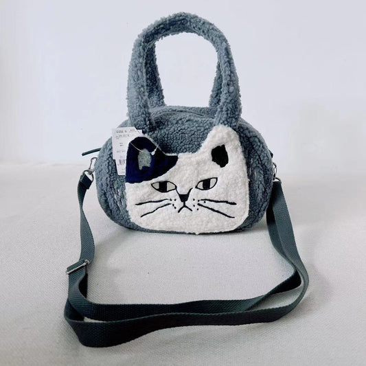 日本Kusuguru品牌貓咪刺繡羊羔毛斜背包手提包手提包單肩卡通875｜深灰3176-3