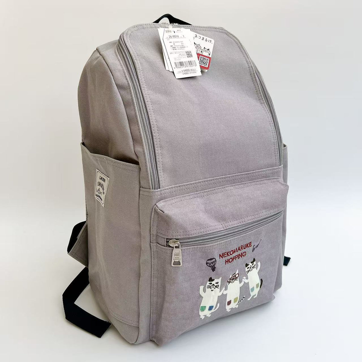 日本Kusuguru正品刺繡貓咪後背包旅行背包媽咪包學生通勤補習500｜眼鏡貓灰色9014-1