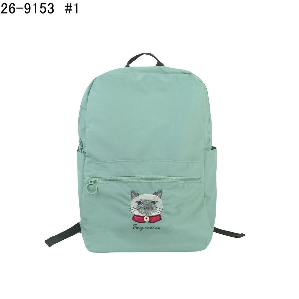 日本Kusuguru正品重工刺繡貓咪法鬥後背包尼龍防潑水折疊旅行509｜蜜豆貓頭薄荷綠9153-1