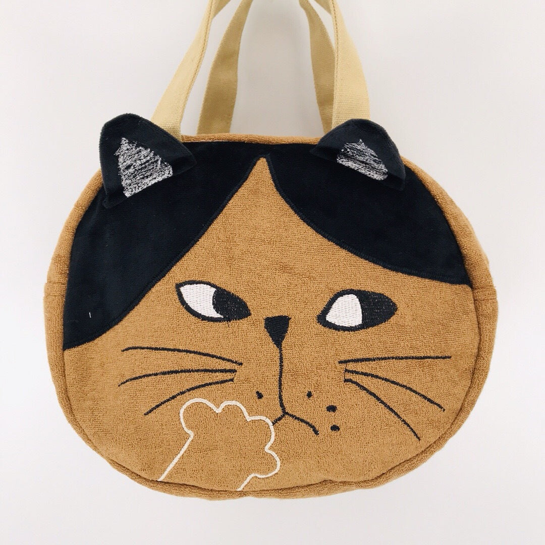 出口日本新款刺繡大臉貓手提布藝包通勤包可愛百搭休閒｜姜黃色