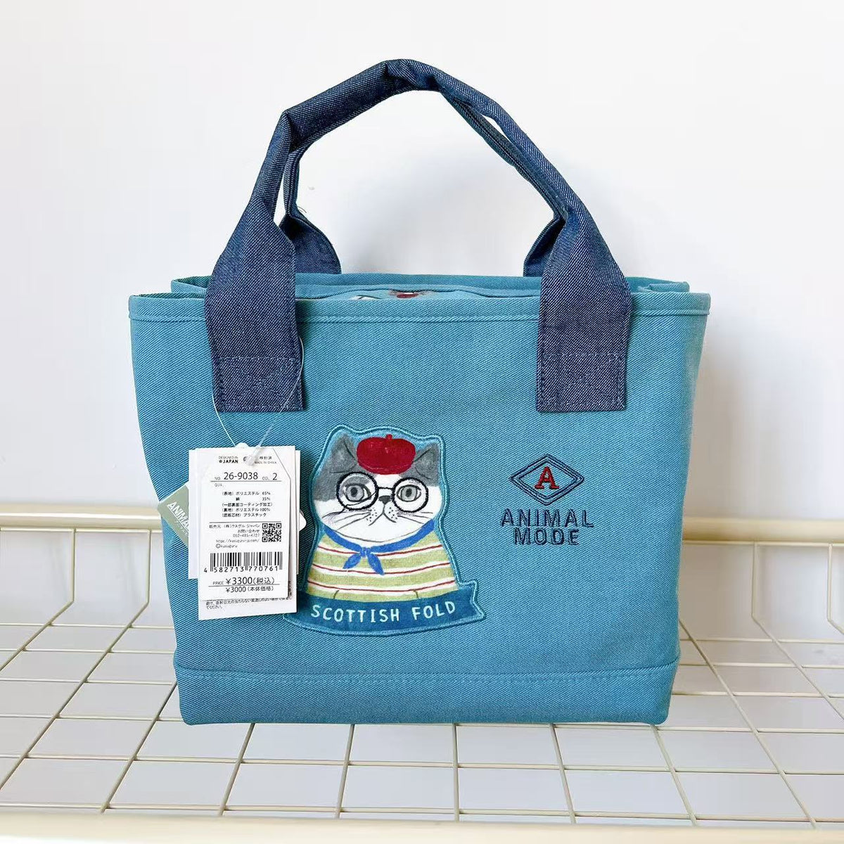 日本Kusuguru正品刺繡貓咪法鬥手提包托特包手提包隔層包布藝502｜露西藍色9038-2