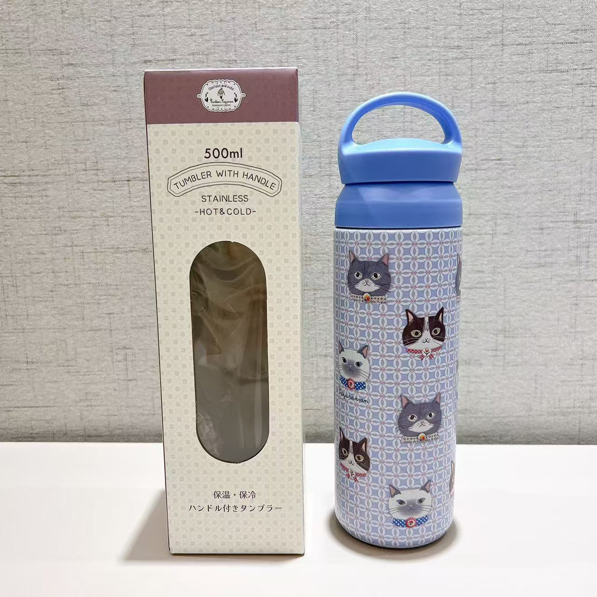 日本Kusuguru正品直筒杯保溫杯保冷304不鏽鋼手提式方便攜帶貓咪405｜蜜豆藍色8705-3／500 ml