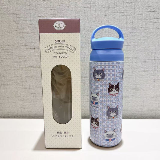 日本Kusuguru正品直筒杯保溫杯保冷304不鏽鋼手提式方便攜帶貓咪405｜蜜豆藍色8705-3／500 ml
